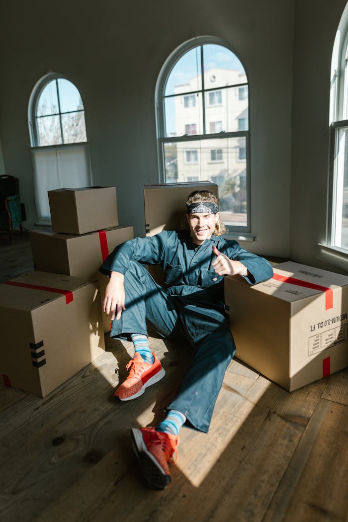 A cheerful man in casual clothing gives a thumbs up while sitting among moving boxes in a sunlit room.